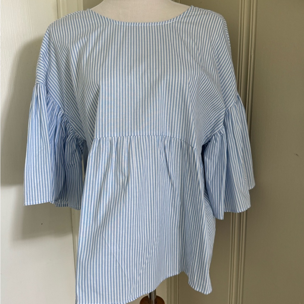 Listicle blue and white striped flutter sleeve peplum top